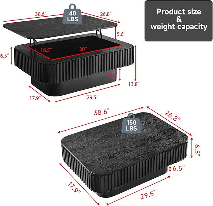 SZTHHDF Lift Top Coffee Table for Living Room,Rectangle Handmade Solid Wood Strips, Fluted Coffee Table with Hidden Storage Compartment for Small Space Office Apartment (38.6"L×26.8''W×13.8''H-Black)