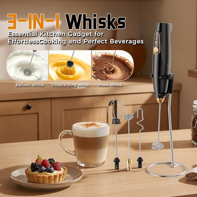Rechargeable Milk Frother Wand with Stand, Electric Handheld Coffee Frother with 3 Detachable Whisks, Travel Milk Foamer for Protein Powder, Drinks, Espumador de Leche Electrico
