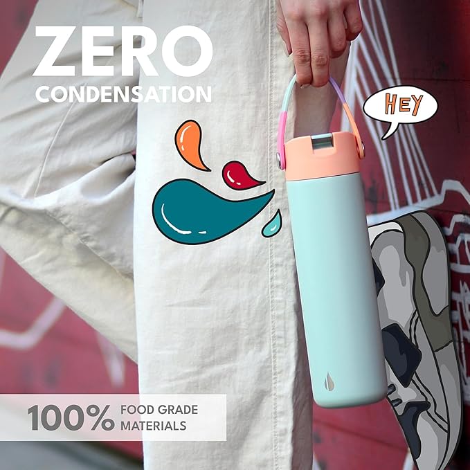 Elemental 24oz Insulated Water Bottle with Straw - 100% Leak-Proof Stainless Steel Core Water Bottles for Travel, Sports & Gym - Fits in Car Cup Holder - BPA Free Double Wall Insulation - Mint Sorbet