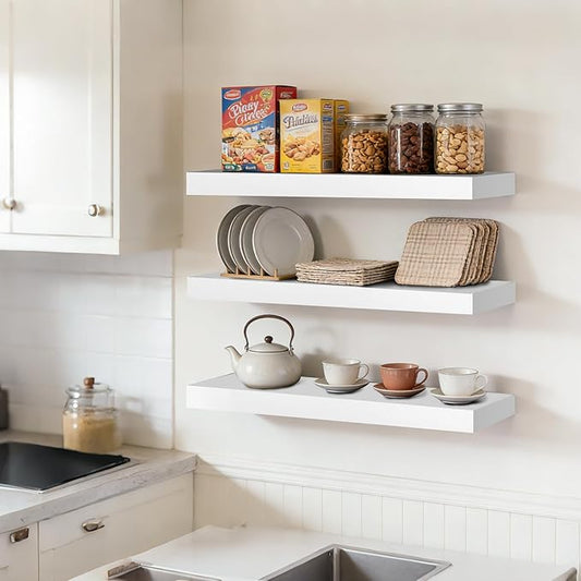 Floating Wall Shelves 24x6.8x1.7 Inch – Solid Wood Rustic Shelves in White Finish – Wall Mounted Display Shelf for Bathroom, Kitchen, Bedroom – Set of 3