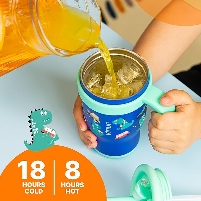 VINUR Kids Tumbler with Handle 14 oz Stainless Steel Double Wall Vacuum Insulated Tumbler with Lid and Straw, Leak Proof Water Cup for Travel (Dinosaur)