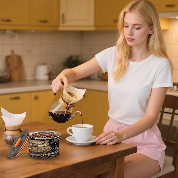 Coffee Storage Containers Airtight Food Storage Canister Set with Vacuum Seal, 500ml Food Grade Stainless Steel Coffee Bean & Tea Storage Jar Gold Owl