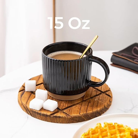 GBhome 15OZ Stackable Coffee Mugs, Ceramic Coffee Mugs with Texture Patterns for Man,Woman,Dad,Mom, Modern Coffee Cups Set of 4 for Latte/Cappuccino/Cocoa. Dishwasher&Microwave Safe，Black
