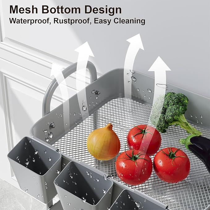 3 Tier Gray Metal Rolling Cart, Mesh Storage Cart with Handle and Lockable Wheels, Multifunctional Three Tiered Utility Organizer Carts for Kitchen, Office, Bathroom, Craft, Art, Snack, Baby Supplies