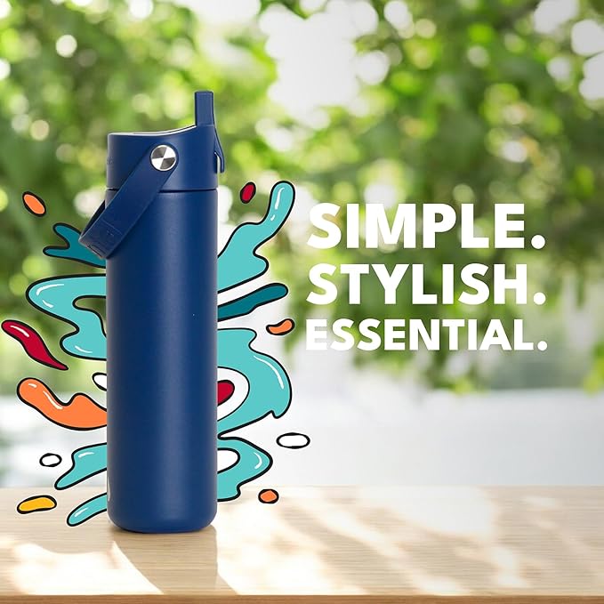 Elemental 24oz Insulated Water Bottle with Straw - 100% Leak-Proof Stainless Steel Core Water Bottles for Travel, Sports and Gym - Double Wall Insulation & BPA Free - Navy
