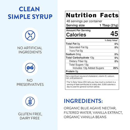 Vanilla Bean Agave Simple Syrup for Coffee & Cocktails - Sweetened with Organic Agave Nectar - Infused with Real Vanilla Bean - 36 oz