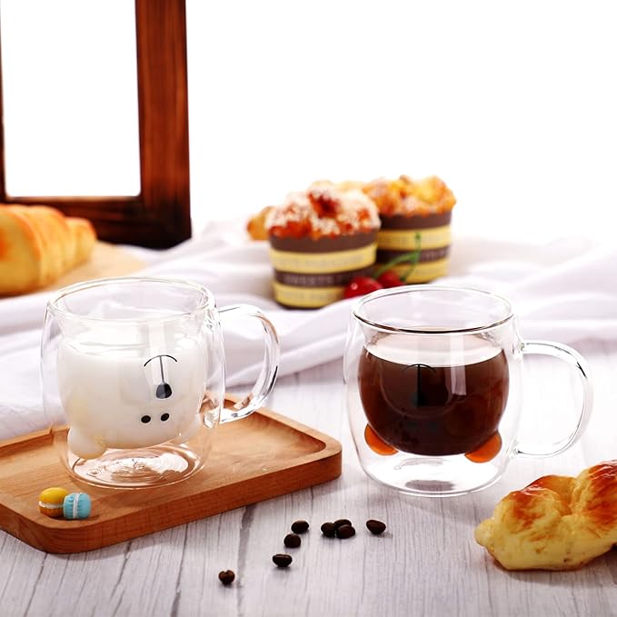 Patelai Cute Bear Tea Cup Double Wall Glass Milk Coffee Bear Mug with Handle Insulated Espresso Christmas Beer Cup Cute Birthday Gift for Women Men Valentine, 250 Ml/ 8. 4 oz(White,2 Pieces)