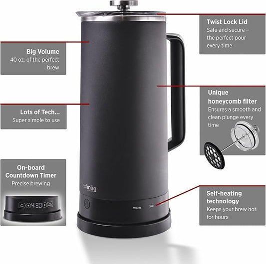 Nextmug Press - Temperature-Controlled, Self-Heating French Press (Black - 40 oz.)