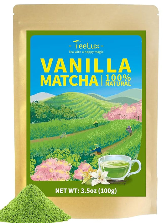 TeeLux Vanilla Matcha Green Tea Powder, First Harvest Premium Matcha + Delicate Vanilla Powder, Flavorful & Aromatic, Hot or Iced Tea, 3.5oz