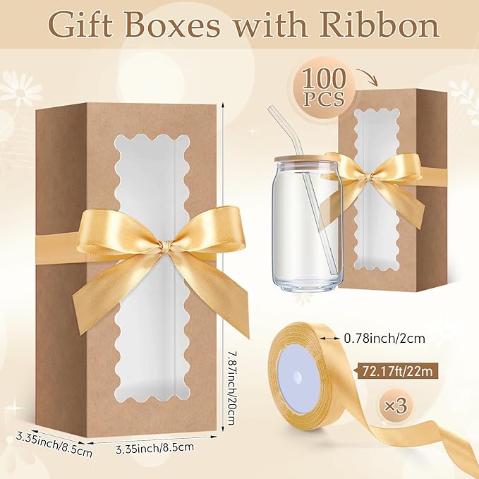 Windyun 100 Pcs Tumbler Gift Boxes for Sublimation Glass Exhibition Boxes Transparent for 12oz 16oz 20oz Shipping Cup Exhibition Packaging for Jars Mug Can Party Supplies(Kraft)