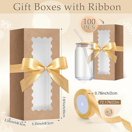 Windyun 100 Pcs Tumbler Gift Boxes for Sublimation Glass Exhibition Boxes Transparent for 12oz 16oz 20oz Shipping Cup Exhibition Packaging for Jars Mug Can Party Supplies(Kraft)