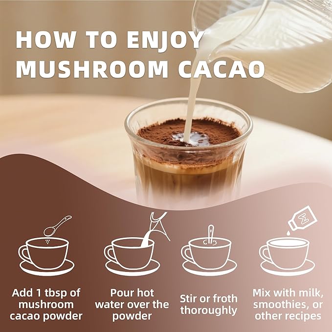 Mushroom Cacao Mix, Organic Raw Cacao with 10 Mushrooms Powder, Non-GMO, Vegan, Gluten Free, Unsweetened Hot Chocolate Natural Supplement, 3.53oz