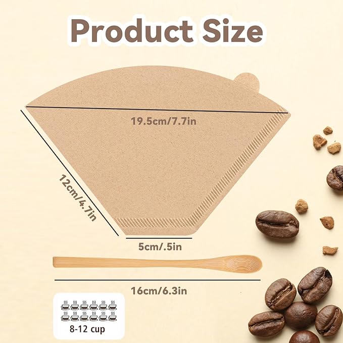 MACLUD 100 Count #4 Cone Coffee Filters 8-12 Cup with Coffee Stirring Spoons, Unbleached Natural Disposable Size 4 Coffee Filters Cone, Durable Tear-Resistant for Pour Over and Drip Coffee Machines