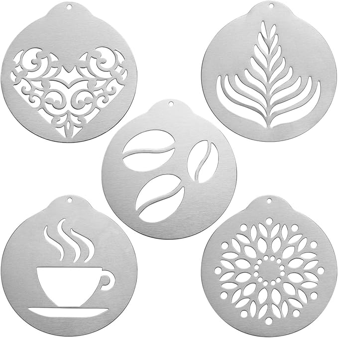 5Pcs Stainless Decorating Stencils, Metal Foam Latte Art Templates, Reusable Cappuccino Chocolate Templates Coffee Garland Mould Cake Decorating Tool