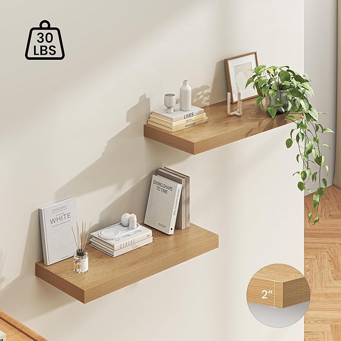 Dreamland 32" Floating Shelves for Wall, 12" Deep Thicker Oak Floating Shelves, Wall-Mounted Shelves for Bedroom, Living Room, Kitchen, Bathroom - Set of 2