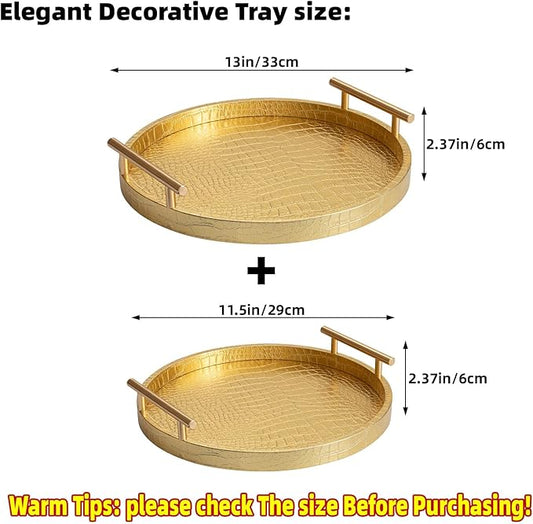 Modern Decorative Tray Set of 2, Wooden Round Crocodile Leather Tray with Polished Metal Handles, Decorative Serving Trays Coffee Table Trays Ottoman Platter for Home Decor (Golden)
