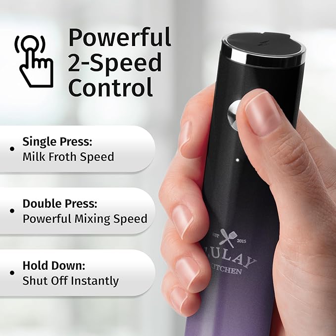 Zulay Kitchen Rechargeable Milk Frother Handheld Lux - Powerful 2-Speed Motor, Waterproof, 2000mAh Battery - Drink Mixer for Latte, Cappuccino, Matcha & Protein Powder - Black Purple