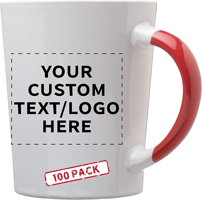 Custom Ceramic Latte Coffee Mugs by Albany 13 oz. Set of 100, Personalized Bulk Pack - Perfect for Coffee, Tea, Espresso, Hot Cocoa, Other Beverages - Red