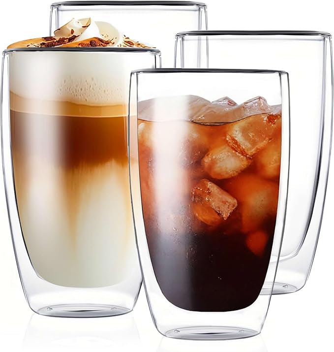MESNEY Double Wall Espresso Cups 17 Oz, Glass Coffee Mugs Set of 4, Insulated Clear Cappuccino Latte Mugs for Home, Cafe & Restaurant, Durable Stackable Drinking Glasses