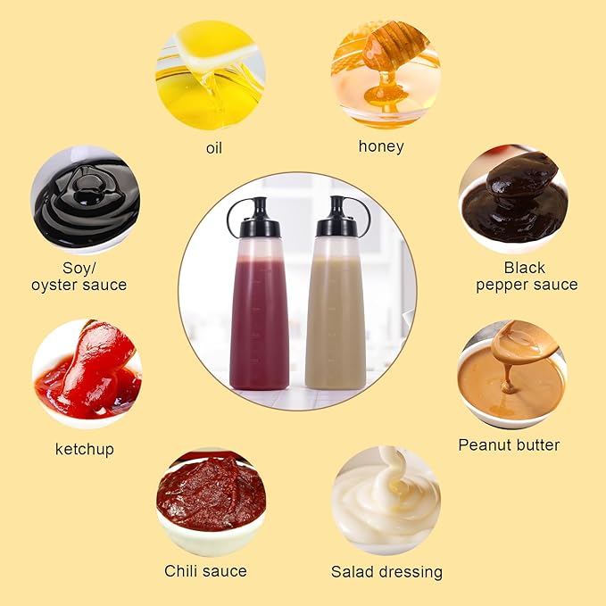 Katfort Condiment Squeeze Bottles Ketchup Dispenser 2PCS 16.9 oz Plastic Sauce Squirt Bottle with Cap Lids, Pancake Squirt Bottles for Sauces Liquids Mustard BBQ Dressing Pancake Art,Wide Mouth