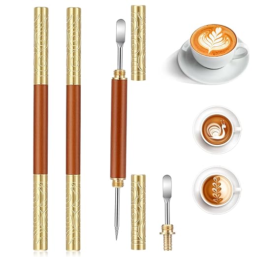 2pcs Coffee Art Pen, Stainless Steel Latte Art Tools with Lid, Lattes Pen with Wood Handle, Dual-Head Design, for Creating Professional Espresso Tools, Home, Travel, Cafe Use