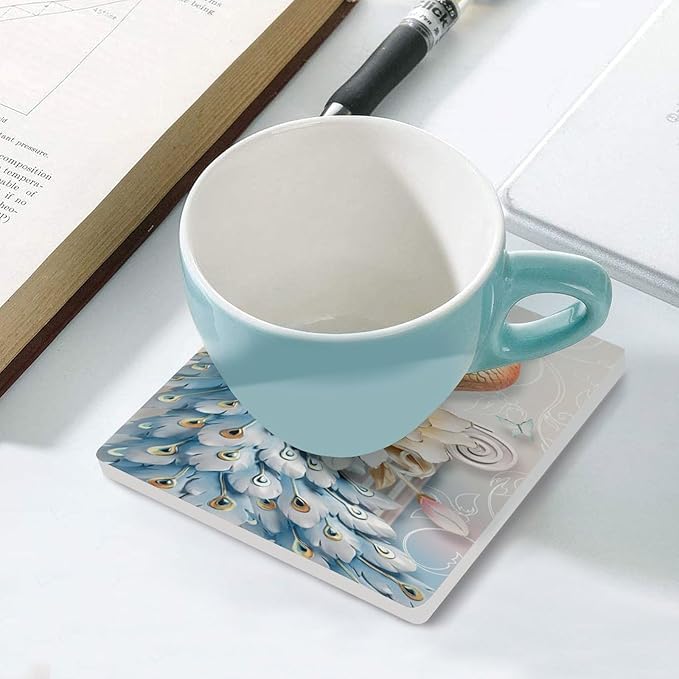 Peacock Drink Coasters, Square Ceramic Drink Coaster Square-6PCS, Vintage Country Flower Beautiful Peacock Floral Decor Absorbent Ceramic Coasters for Beverage Cup, Bar, Coffee Table