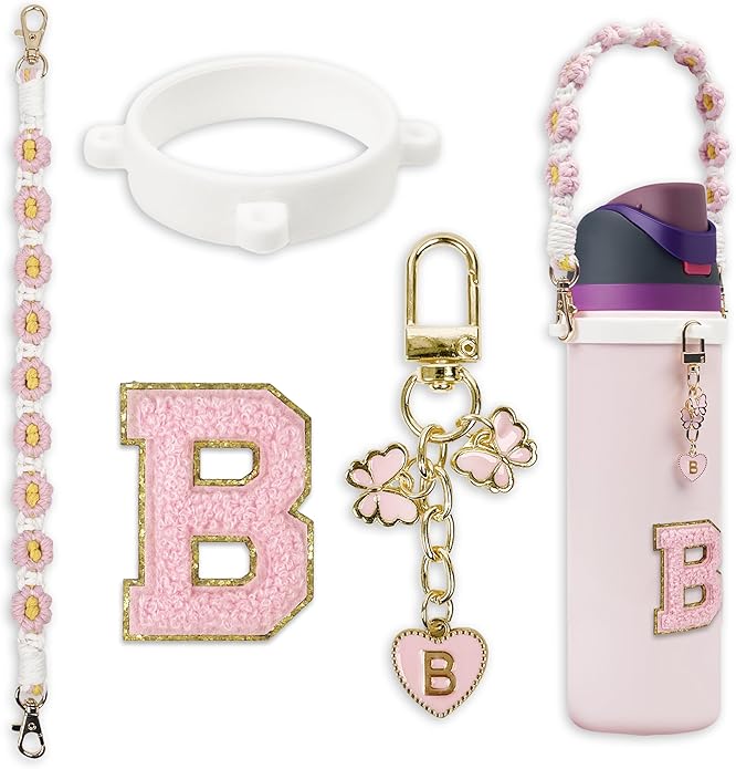 Compatible with Owala Water Bottle Accessories, Cute Letter Charm Set with Boho Handle Strap, Monogram Sticker, Silicone Ring, Keychain Decoration, for FreeSip 24 32 40oz, Owala Kids, Tumbler Gift