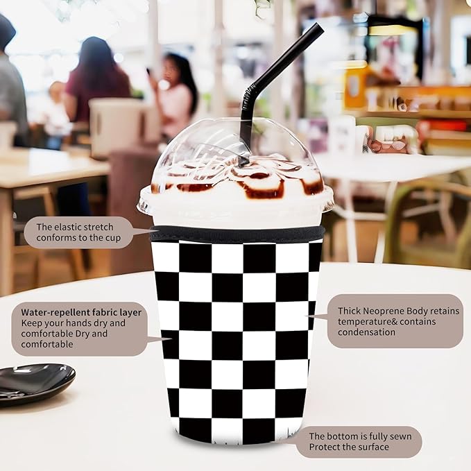 3 Pack Reusable Neoprene Insulator Sleeve for Iced Coffee Cups, Funny Coffee Cup Sleeves for 16-32oz Coffee cups, Cute Drink Sleeve for Cold Hot Beverages Luxuious Checkerboard