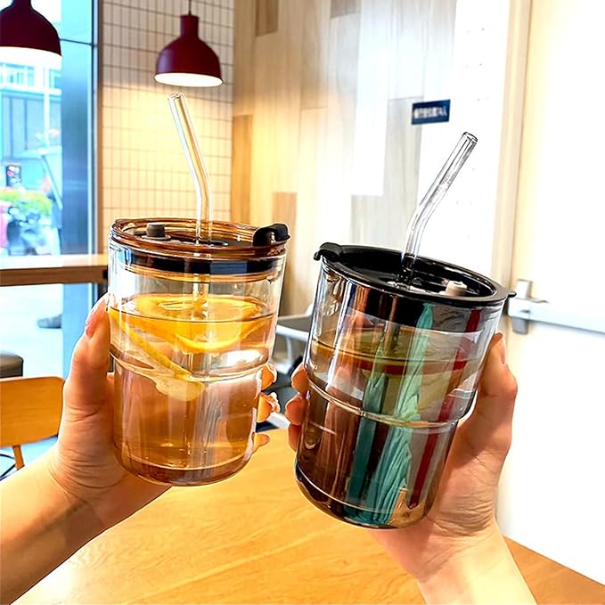 13oz/400ml Tumbler Water Glass, Water Bottle with Straw and Lid Sealed Carry on, Glass Coffee Mug Iced Tea Cup Thick Wall Insulated Glass Cup (Gray)
