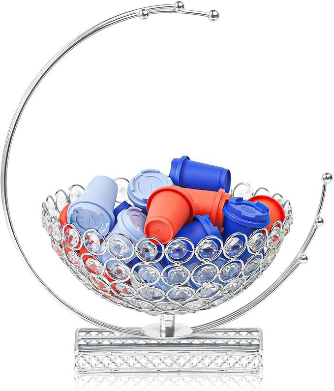 Metal & Crystal Coffee Pod Holder & Candy Basket - Elegant Multipurpose Storage Organizer for K Cups, Espresso Pods, Treats - Kitchen, Office, Home Bar (Silver, 1 PC)