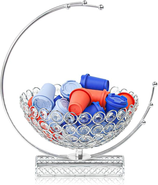 Metal & Crystal Coffee Pod Holder & Candy Basket - Elegant Multipurpose Storage Organizer for K Cups, Espresso Pods, Treats - Kitchen, Office, Home Bar (Silver, 1 PC)