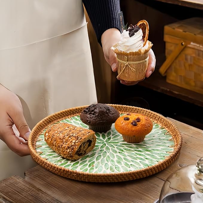 Round Rattan Tray with Mother of Pearl Inlay, Decorative Wicker Serving Tray with Wooden Base, Woven Basket Trays for Bread Fruits Coffee, Plume