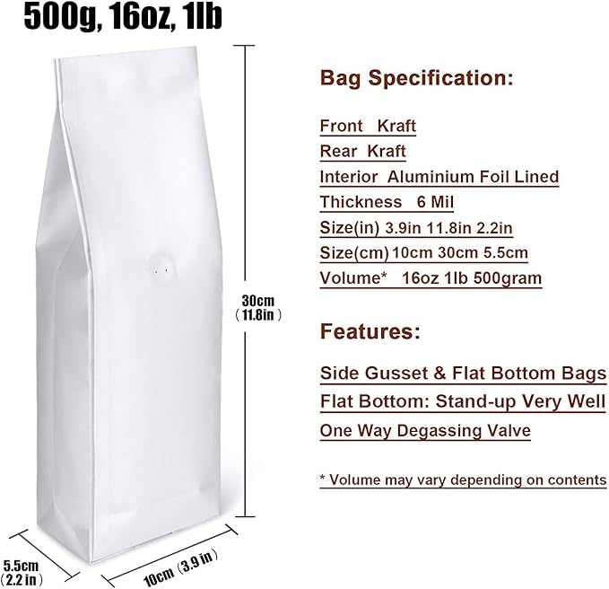 Kraft Paper Stand Up Coffee Bag/Side Gusset Pouch with Flat Bottom Coffee Beans Pouch with One Way Degassing Valve, 50 Pieces (White Kraft, 500g, 16oz, 1lb)