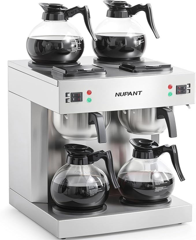 NUPANT Dual Drip Commercial Coffee Maker, 200 Cup/hour, 7.2L Pour Over Coffee Machine with 4 Glass Carafe and 4 Warmers, Stainless Steel Double Coffee Brewer Staition for Restaurant and COFFEE Bar