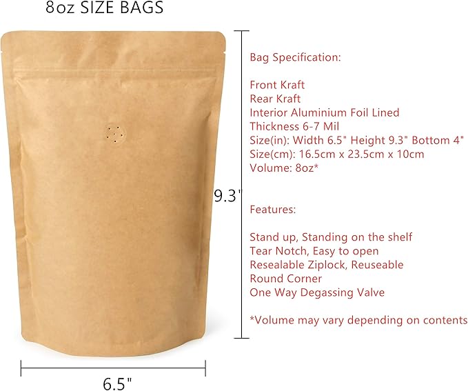 50 Counts High Barrier Natural Kraft Paper Stand up Zipper Coffee Pouch Bag with One Way Degassing Valve (50, 8 OZ/0.5 LB/224-250 Gram)