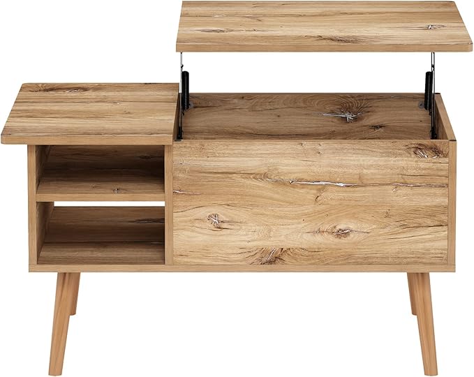 Furinno Jensen Living Room Wooden Leg Lift Top Coffee Table with Hidden Compartment and Side Open Storage Shelf, Flagstaff Oak
