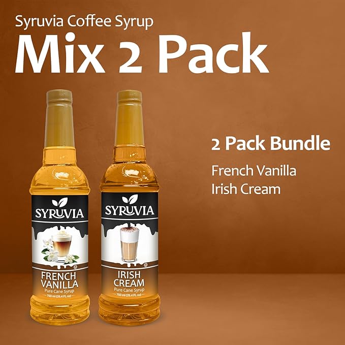 Syruvia Coffee Syrup Variety Pack - French Vanilla & Irish Cream- Gluten-Free, Kosher, 25.4 fl oz Bottles - Enhance Your Coffee Experience with Premium Flavoring Syrups