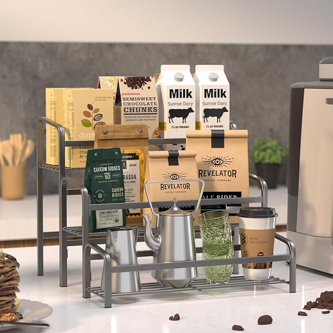 DTUQYX Coffee Syrup Organizer 3-Tier, 12 Bottles Capacity Coffee Syrup Rack, Metal Syrup Stand for Spice, Wine, Liquor, Bottle, Coffee Bar Station Racks Magnetic, No Installation, Grey