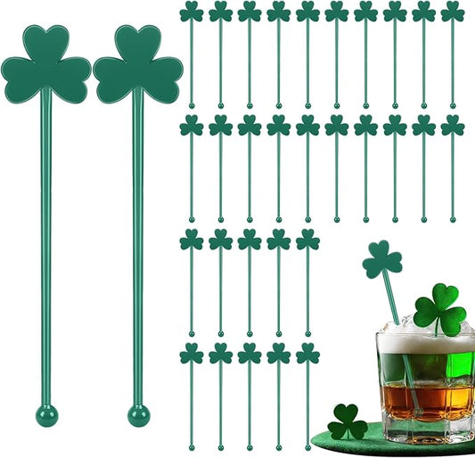 30 Pcs Saint Patrick's Day Drink Stirrers Irish Shamrock Stir Sticks Cocktail Drink 6" Plastic Swizzle Sticks Reusable Shamrock Stirrer for Coffee Beverage Party Bar Supplies Weddings Events