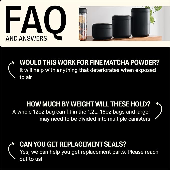 Fellow Atmos Vacuum Coffee Canister & Food Storage Container - 1.2 Liter Canister holds up to 16 oz of Coffee Beans - Airtight Food Storage Containers -1.2 Liter - Matte Black