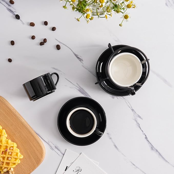 Meichu 2.5oz Porcelain Stackable Espresso Cups with Saucers and Metal Stand Set of 4, Stackable Espresso Cups Set of 4, Black Expresso Shots Cup Set for Cappuccino, Coffee Drinks, Latte, Tea