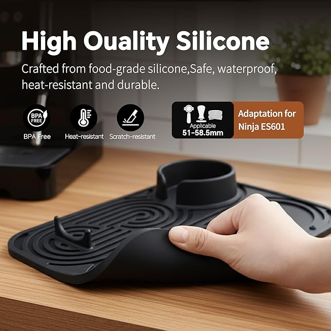 Silicone Coffee Mat - Universal Fit for Ninja Luxe Cafe & Other Machines, Easy Clean Non-Slip Espresso Mat, Protects Countertops & Holds Accessories (Black)