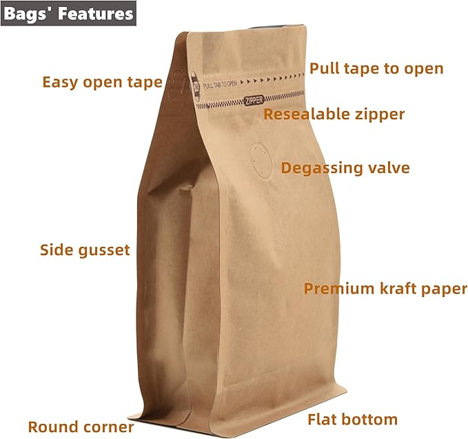 Resealable Kraft Paper Coffee Bags with Degassing Valve, Flat Bottom Side Gusset Stand Up Coffee Pouches with Zipper Lock (Pack of 50, Size for 4 oz/120 grams Coffee Beans or Ground)