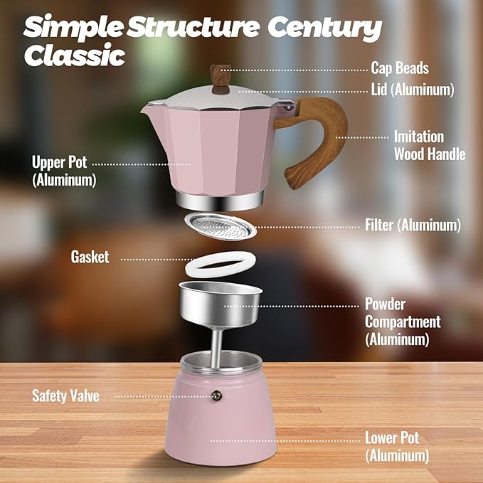 Vaolvpant 3 Cup Aluminum Moka Pot Classic Stovetop Espresso Coffee Maker 150ml 5oz Coffeemaker Percolator Mocha Pot Greca Coffee Maker Cafe Makers for Italian and Cuban Café Brewing Pink