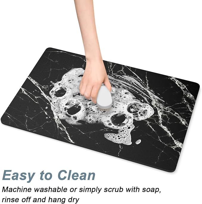 Rnivvi Coffee Mat, 16" x 24" Cute Marble Style Coffee Bar Mats for Espresso Machine Station Accessories and Organizer, Hide Stain Rubber Backed Absorbent Dish Drying Pad for Kitchen Counter, Black