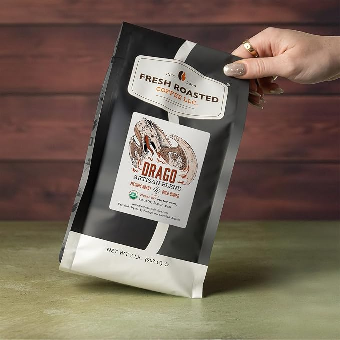 Fresh Roasted Coffee, Organic Drago Café Blend | USDA Organic, Kosher | Medium Roast 2 lb (32 oz) Whole Bean