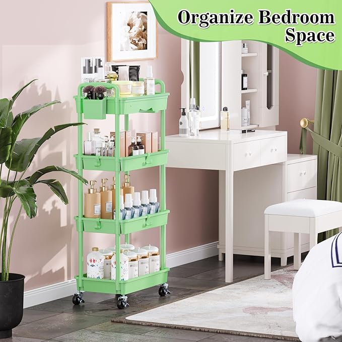 4 Tier Rolling Utility Cart with Drawer, Storage Organizer Cart with 2 Lockable Wheels, Multifunctional Rolling Storage Cart for Bathroom, Kitchen, Craft, Makeup, Baby Essentials, Green