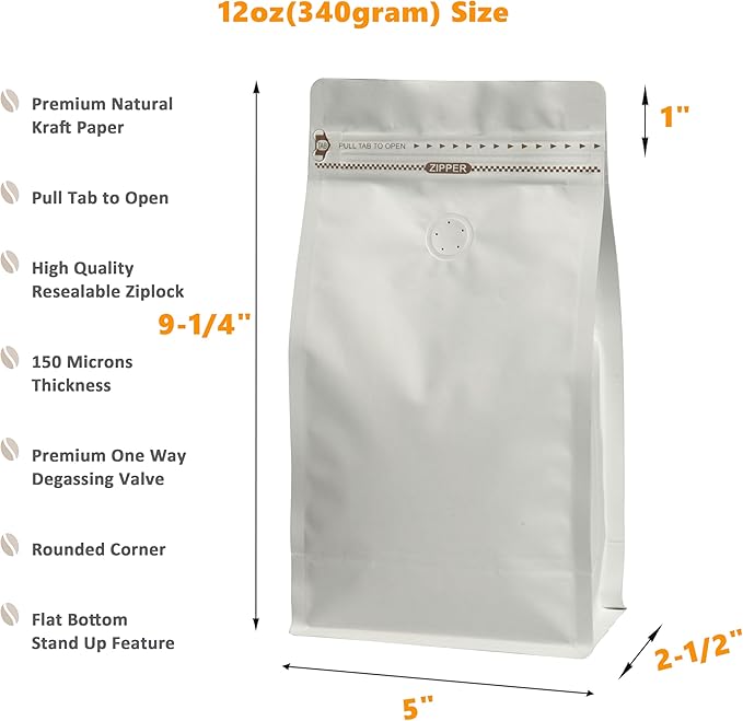 White Kraft Coffee Bags with Side Gusset, Resealable Stand-Up Coffee Pouches with Side Zipper, Degassing Valve for Coffee (Size: 5 x 9.25", 12oz/0.75lb, Pack of 50)