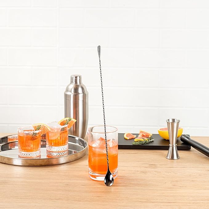 Restaurantware Bar Lux 16 Inch Bar Spoon 1 Corkscrew Handle Cocktail Stirrer Spoon - Long Commercial Black Plated Stainless Steel Cocktail Mixing Spoon For Stirring And Mixing