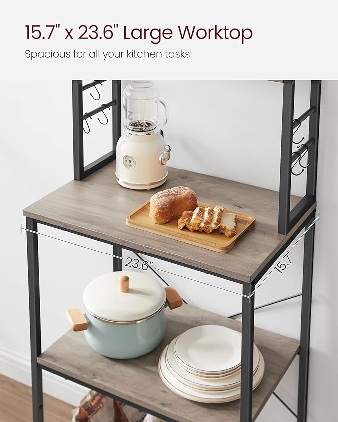 VASAGLE Coffee Bar, 23.6 Inches Baker's Rack for Kitchen with Storage, 6-Tier Kitchen Shelves with 6 Hooks, Microwave Stand, Industrial, Heather Greige and Ink Black UKKS024B02